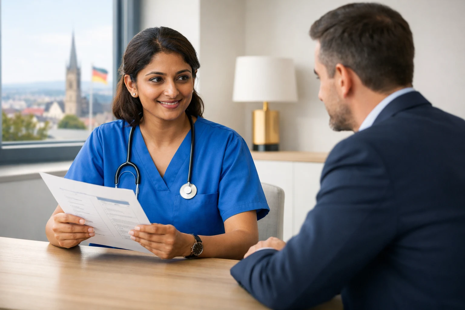 Indian nurse reviewing overseas career documents with a Skillcase advisor
