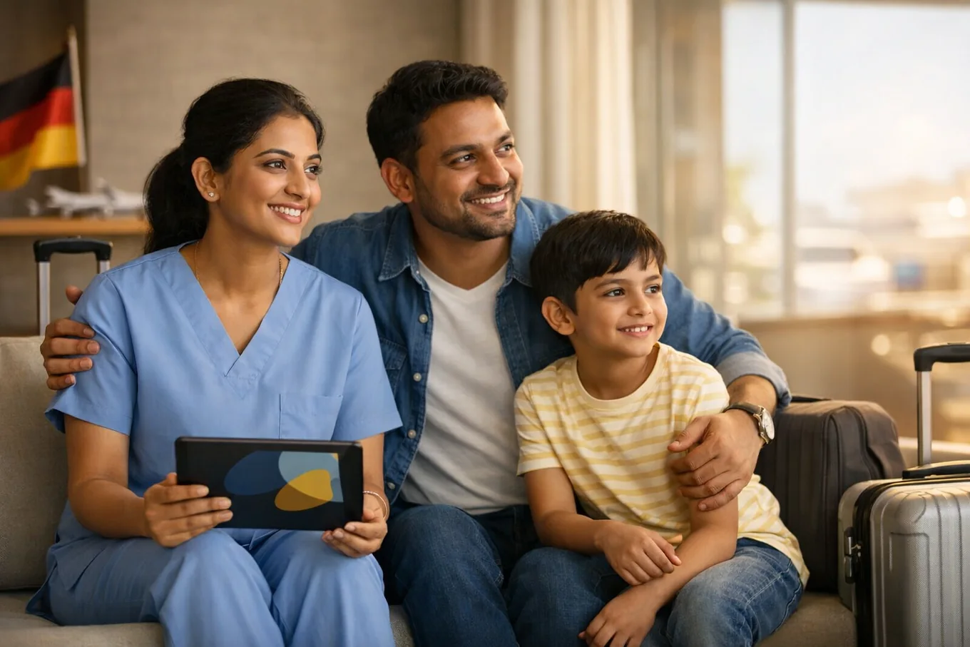 Indian healthcare professional with family preparing for relocation to Germany