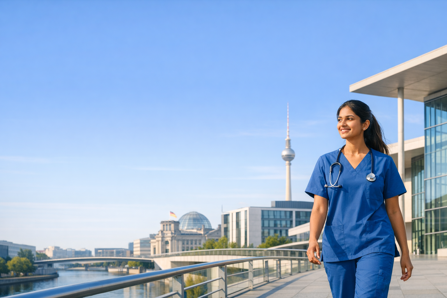 Indian nurse walking through Berlin in a Germany healthcare career setting